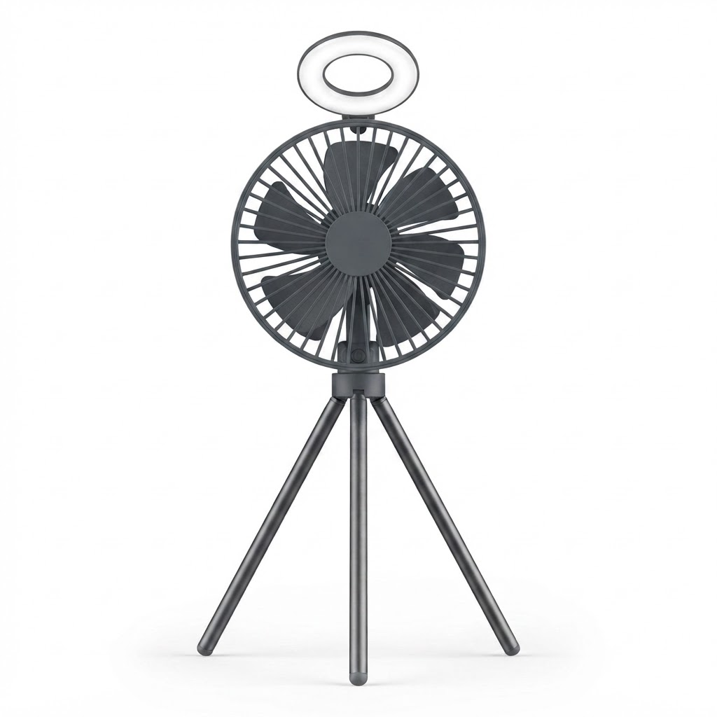 10000-mAh-Campingventilator – Wiederaufladbarer, tragbarer Stativventilator mit LED-Ringlicht, Powerbank und Luftzirkulator für Zelt, Schreibtisch und Outdoor