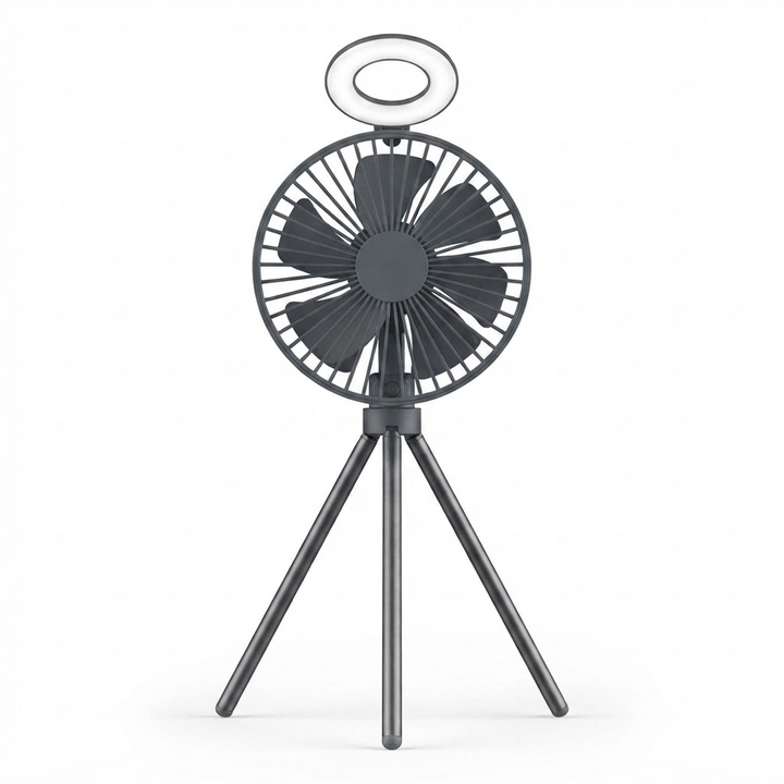 10000-mAh-Campingventilator – Wiederaufladbarer, tragbarer Stativventilator mit LED-Ringlicht, Powerbank und Luftzirkulator für Zelt, Schreibtisch und Outdoor
