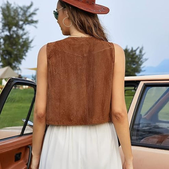 Damen Wildleder Weste – Boho Weste mit Fransen und Knopfdetail