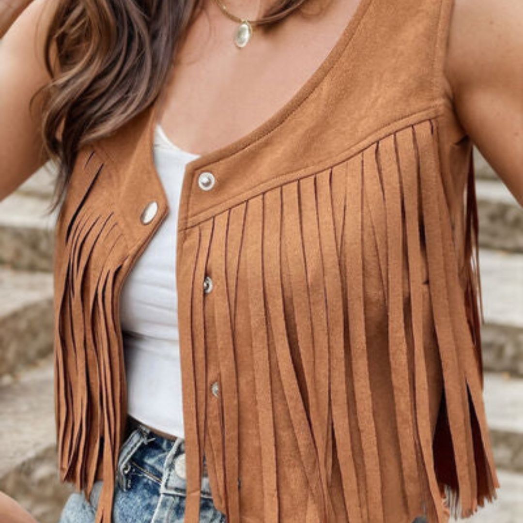 Damen Wildleder Weste – Boho Weste mit Fransen und Knopfdetail