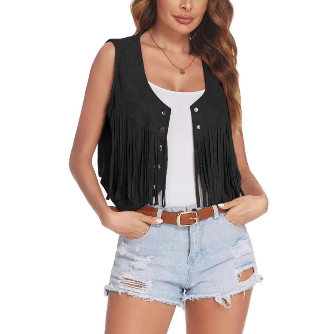 Damen Wildleder Weste – Boho Weste mit Fransen und Knopfdetail