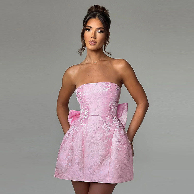 Damen Mini-Cocktailkleid – Champagner & Schulterfrei mit Schleife