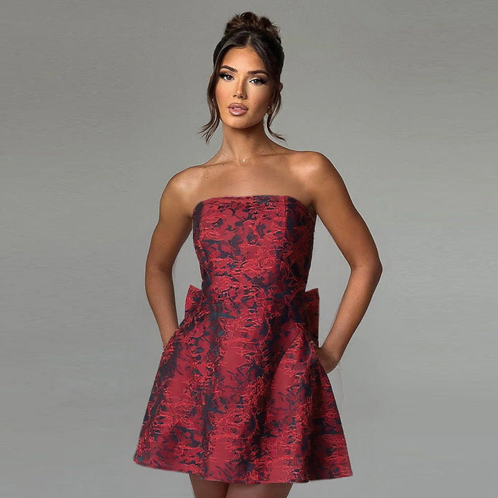 Damen Mini-Cocktailkleid – Champagner & Schulterfrei mit Schleife