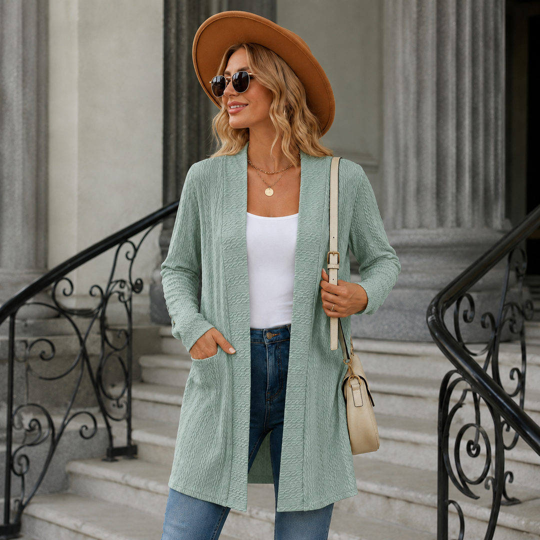 Gilet long femme ouvert avec col en V douillet et doux