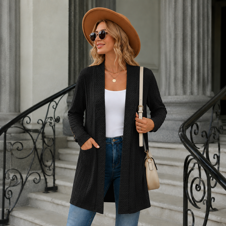 Gilet long femme ouvert avec col en V douillet et doux