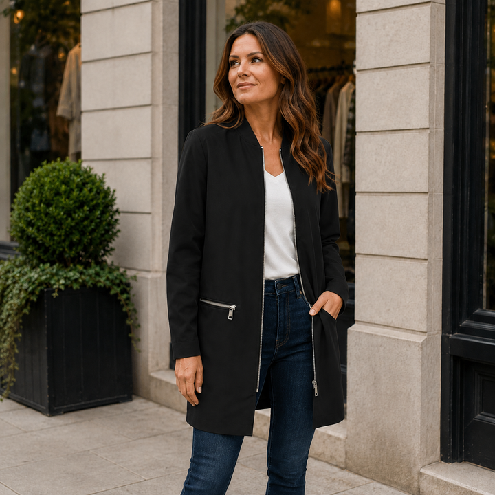 Lange Freizeitjacke mit Kapuze und Reißverschluss