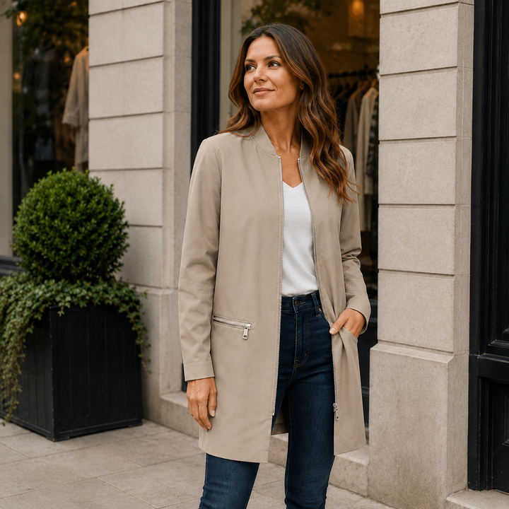 Lange Freizeitjacke mit Kapuze und Reißverschluss