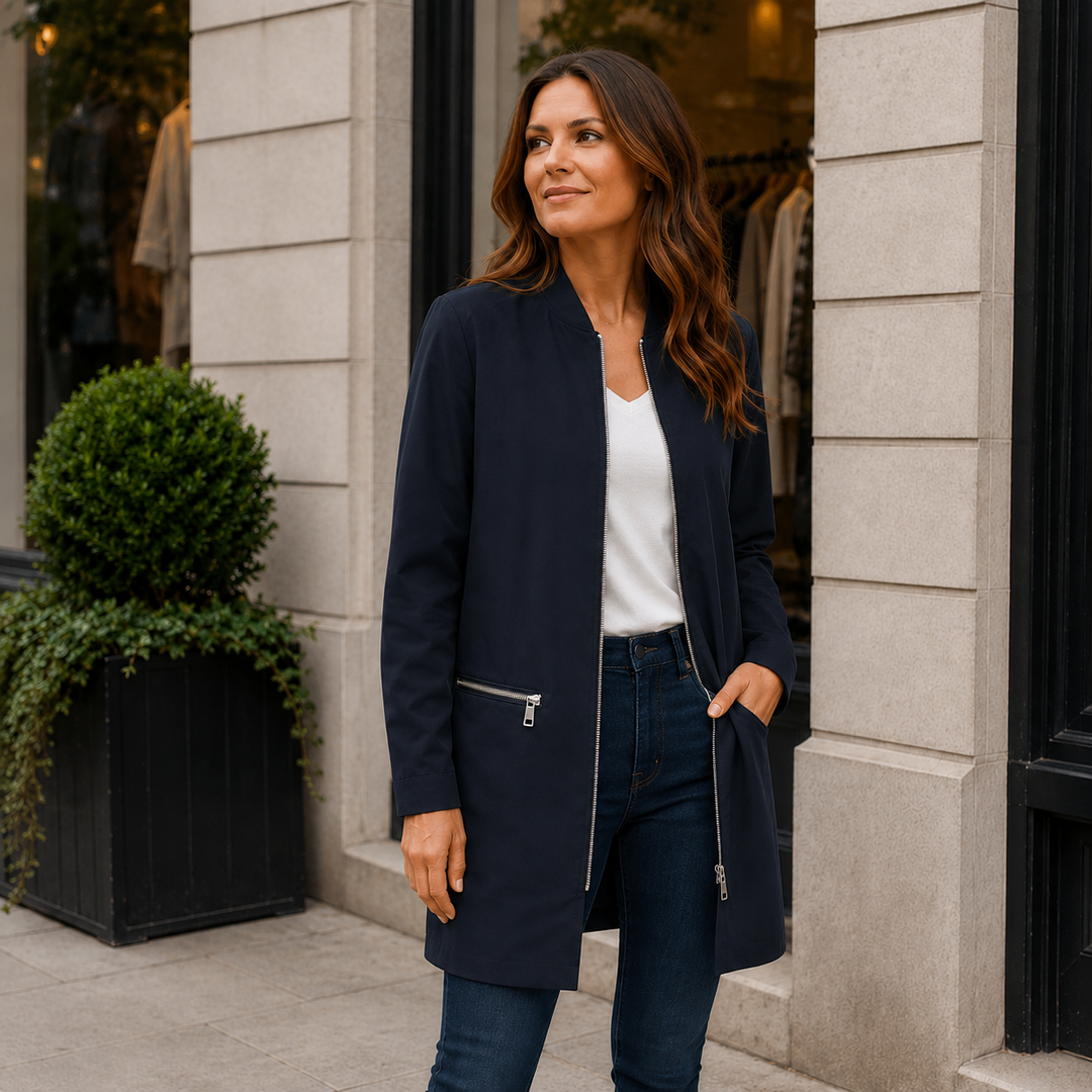 Lange Freizeitjacke mit Kapuze und Reißverschluss