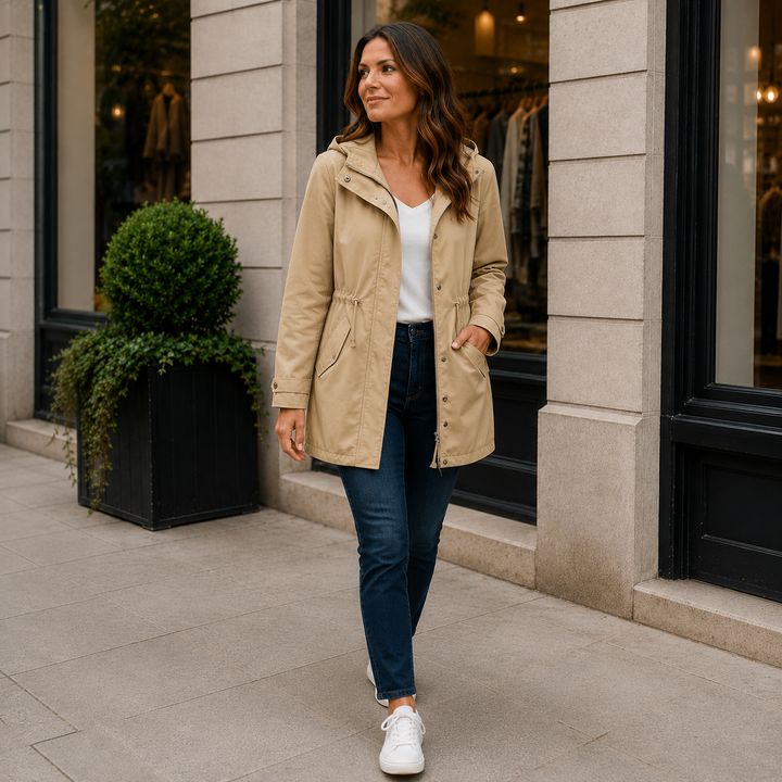 Ailegogo Nouveau Manteau coupe-vent à capuche mi-long et fin pour femme Printemps Automne, Vêtements de ville, Blouson coupe-vent ajusté avec fermeture éclair pour femme