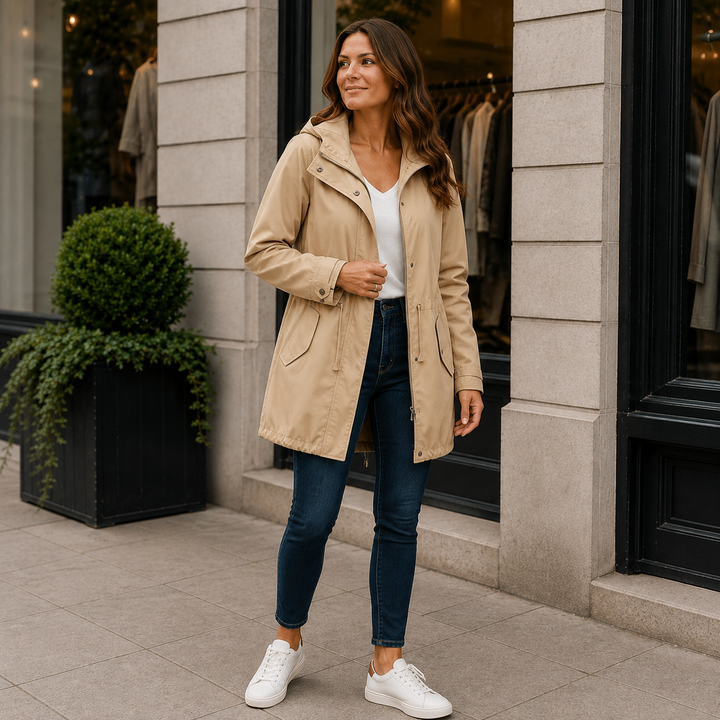 Ailegogo Nouveau Manteau coupe-vent à capuche mi-long et fin pour femme Printemps Automne, Vêtements de ville, Blouson coupe-vent ajusté avec fermeture éclair pour femme