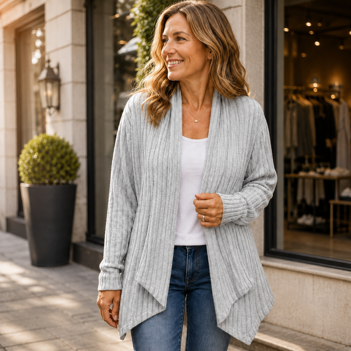 Damen Strickjacke Lang Mit Wasserfallkragen Weich Und Warm