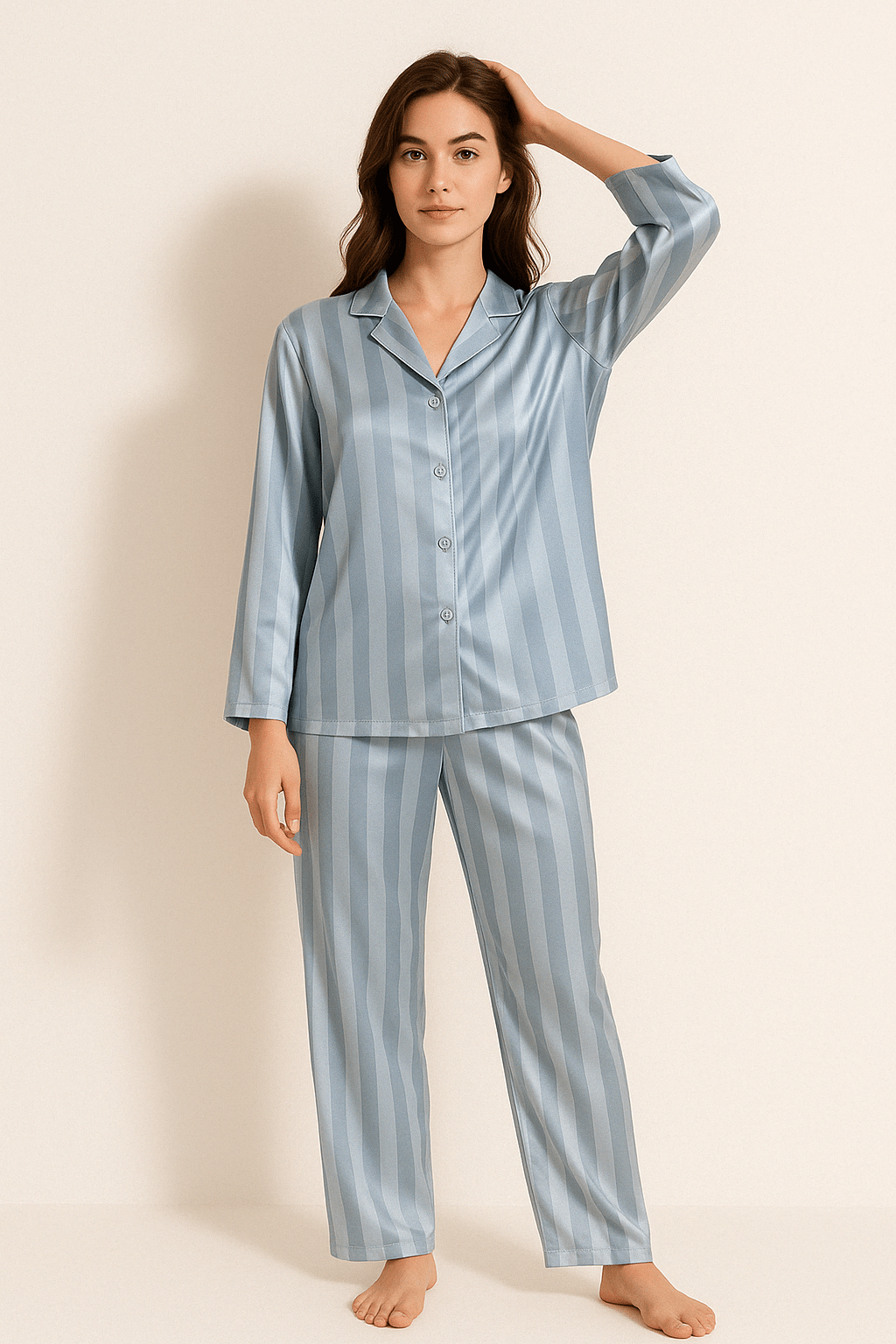 Gestreiftes Pyjama Zweiteiler Set Weiches Material Atmungsaktives Material Streifenmuster