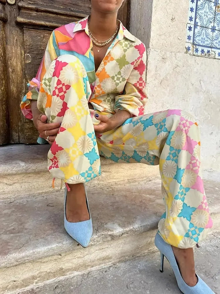 Damen-Jumpsuit Zweiteiler Set Lässige Passform Geometrisches Muster Atmungsaktiv Hemdkragen