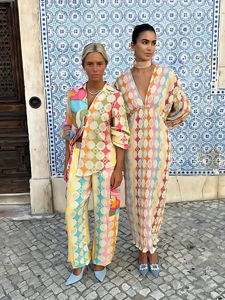 Damen-Jumpsuit Zweiteiler Set Lässige Passform Geometrisches Muster Atmungsaktiv Hemdkragen