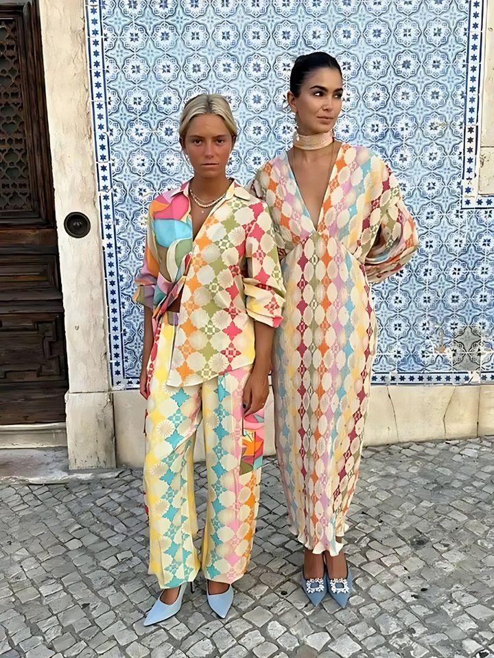 Damen-Jumpsuit Zweiteiler Set Lässige Passform Geometrisches Muster Atmungsaktiv Hemdkragen