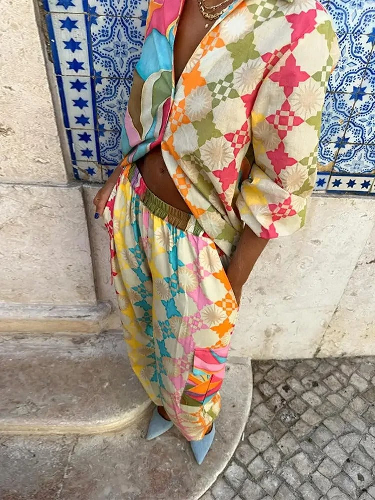 Damen-Jumpsuit Zweiteiler Set Lässige Passform Geometrisches Muster Atmungsaktiv Hemdkragen