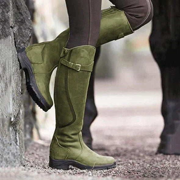 Damen-Kniestiefel – mit Schnallenriemen und Robuster Sohle