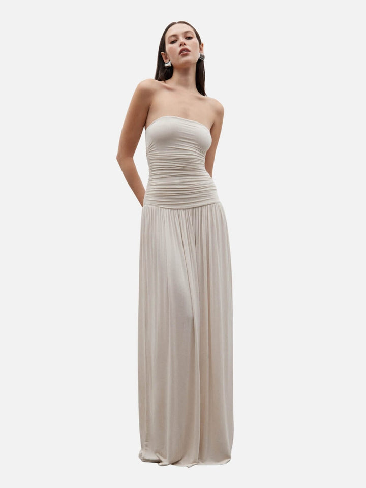 Damen Abendkleid Schulterfrei Mit Raffung Am Oberteil Bodenlang