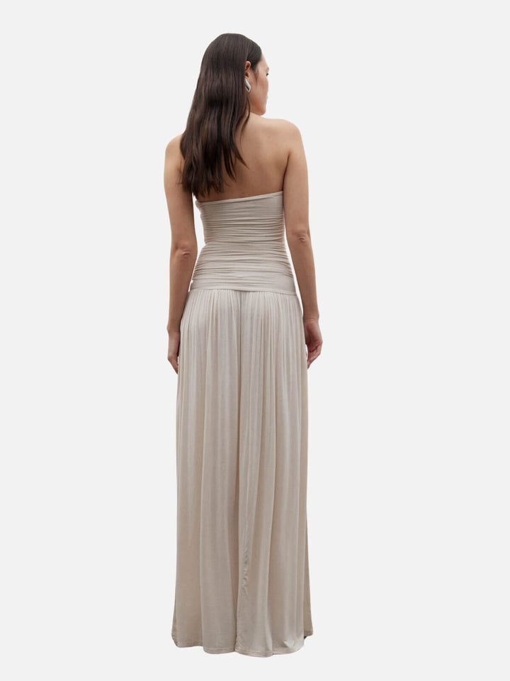 Damen Abendkleid Schulterfrei Mit Raffung Am Oberteil Bodenlang