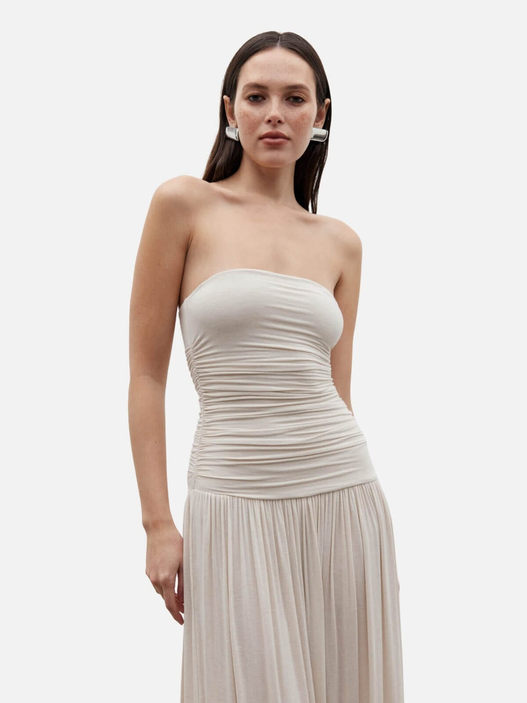 Damen Abendkleid Schulterfrei Mit Raffung Am Oberteil Bodenlang