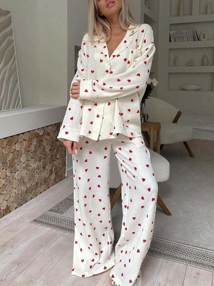 Damen Pyjama-Set Herzprint – Langarm-Oberteil & Hose