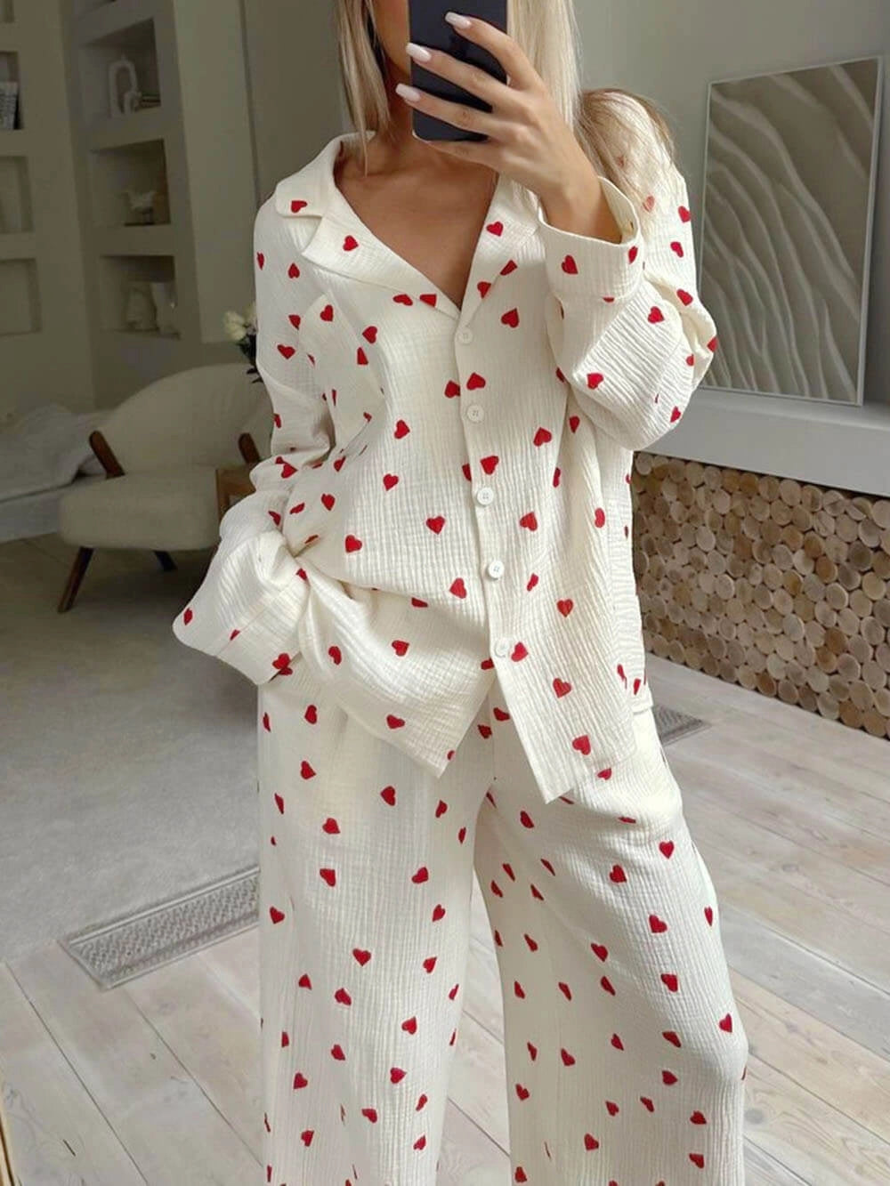 Damen Pyjama-Set Herzprint – Langarm-Oberteil & Hose