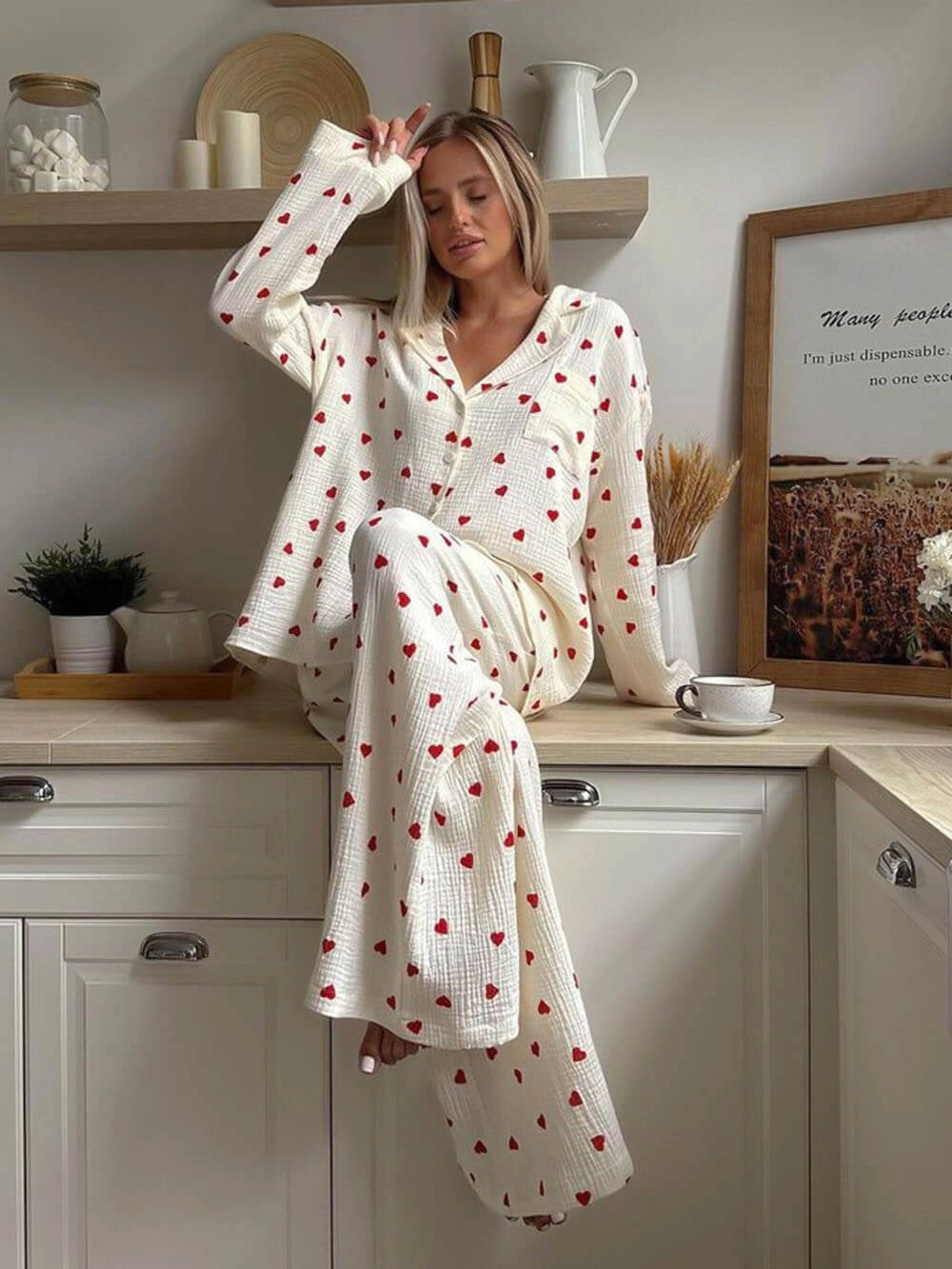 Damen Pyjama-Set Herzprint – Langarm-Oberteil & Hose