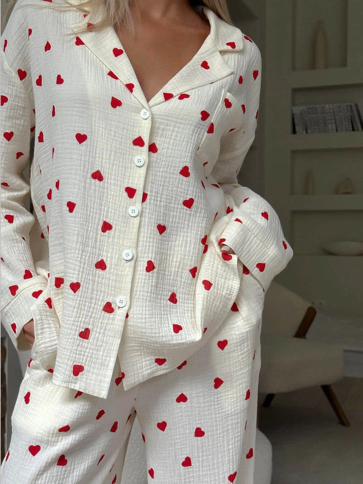 Damen Pyjama-Set Herzprint – Langarm-Oberteil & Hose