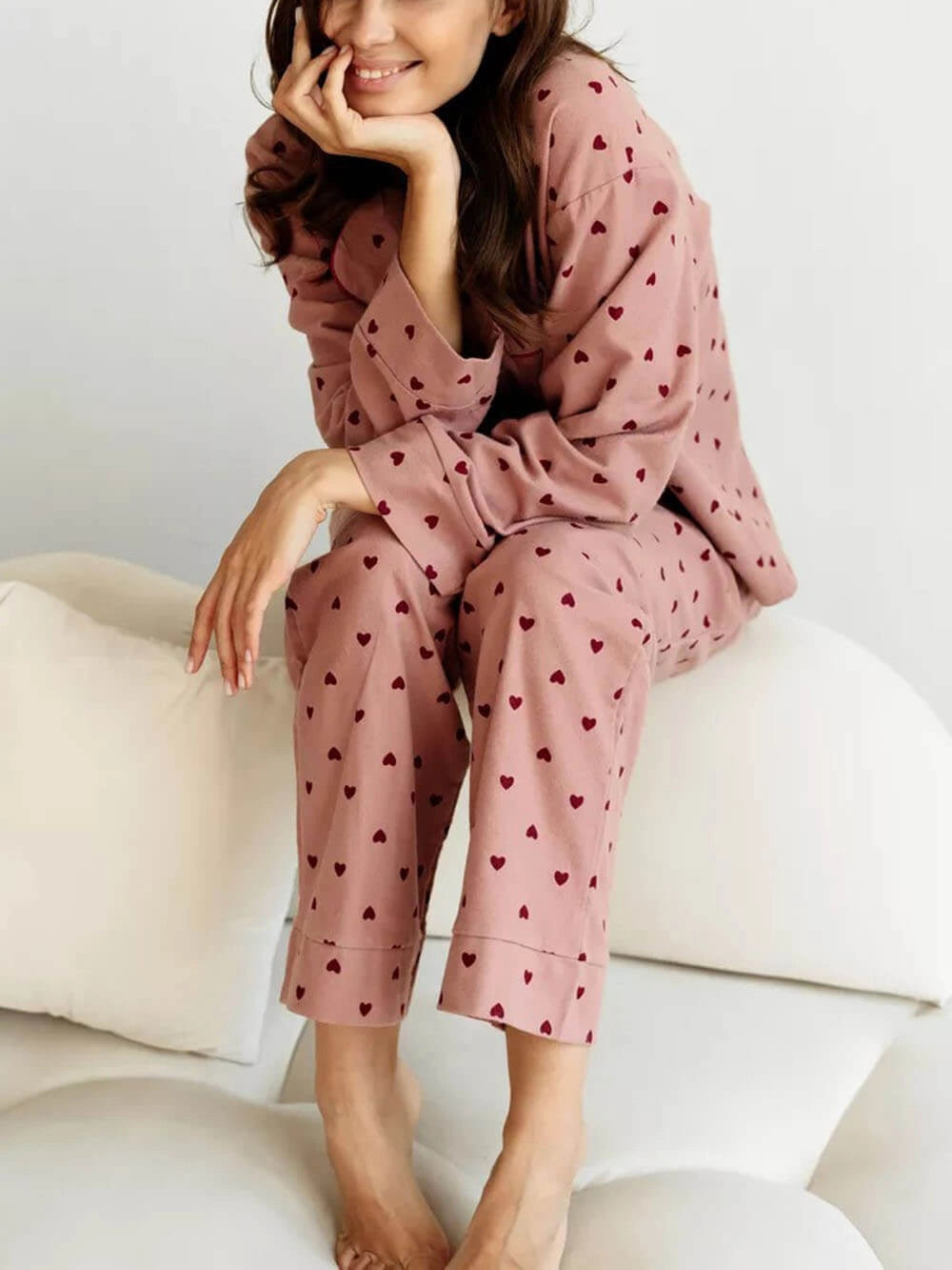 Damen Pyjama-Set Herzprint – Paspelierung & Klassischer Schnitt