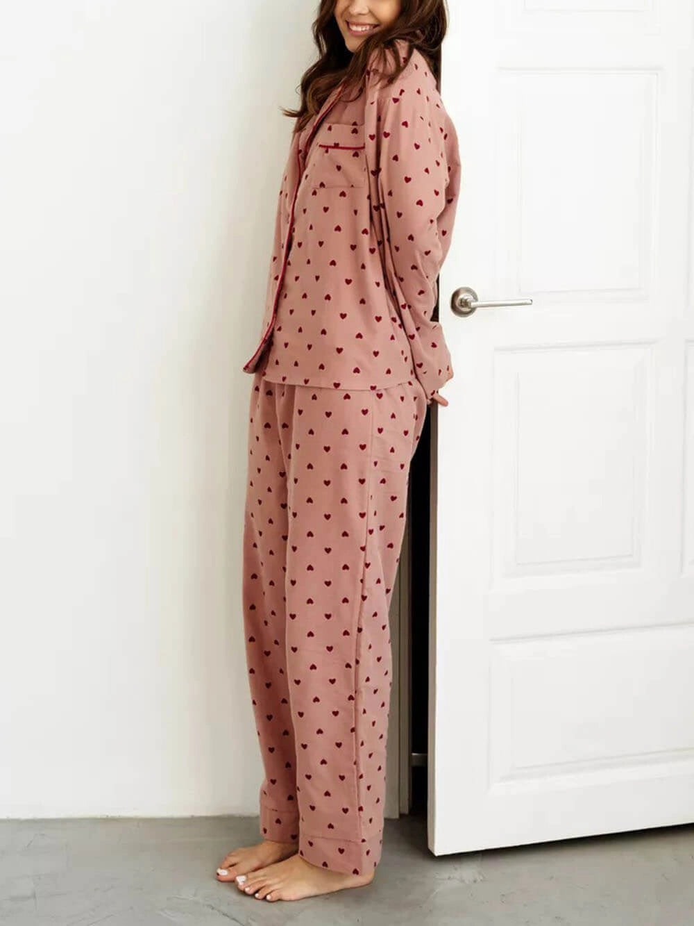 Damen Pyjama-Set Herzprint – Paspelierung & Klassischer Schnitt
