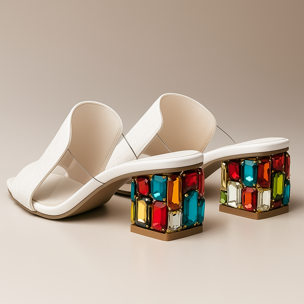 Damen Blockabsatz-Sandalen – Krokoprägung & Schmuckdetail