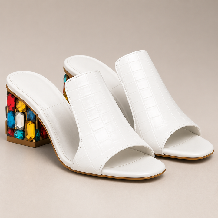 Damen Blockabsatz-Sandalen – Krokoprägung & Schmuckdetail