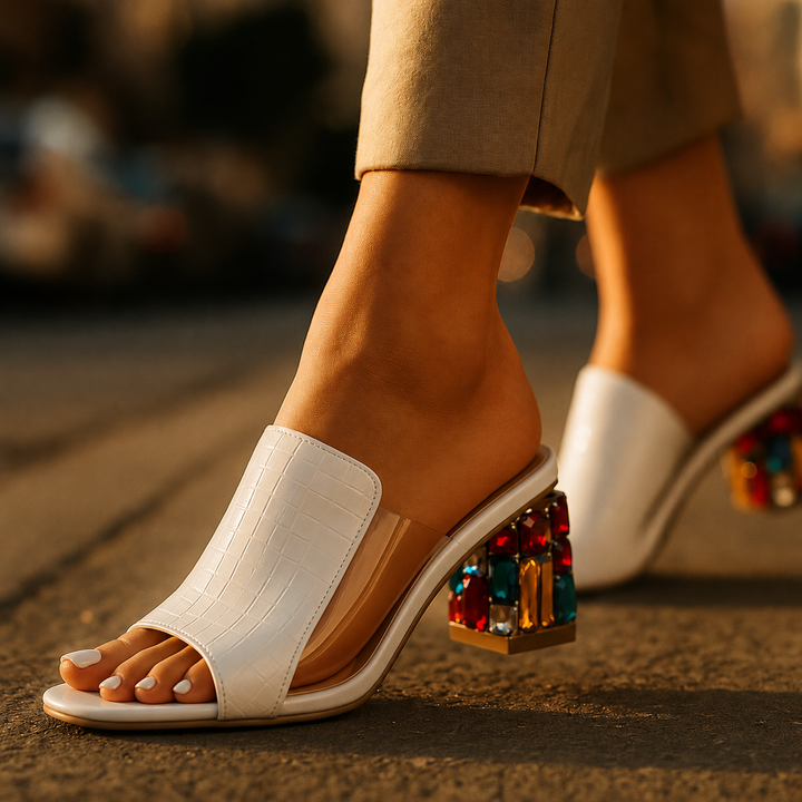 Damen Blockabsatz-Sandalen – Krokoprägung & Schmuckdetail