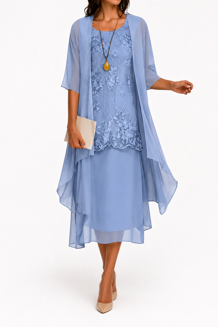 Zahara | Damenkleid mit Rundhalsausschnitt und 3/4-Ärmeln für Hochzeitsgäste | Blumenmuster & Midi