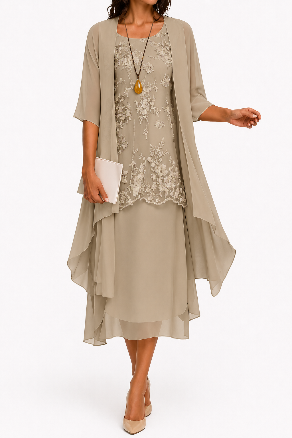 Zahara | Damenkleid mit Rundhalsausschnitt und 3/4-Ärmeln für Hochzeitsgäste | Blumenmuster & Midi