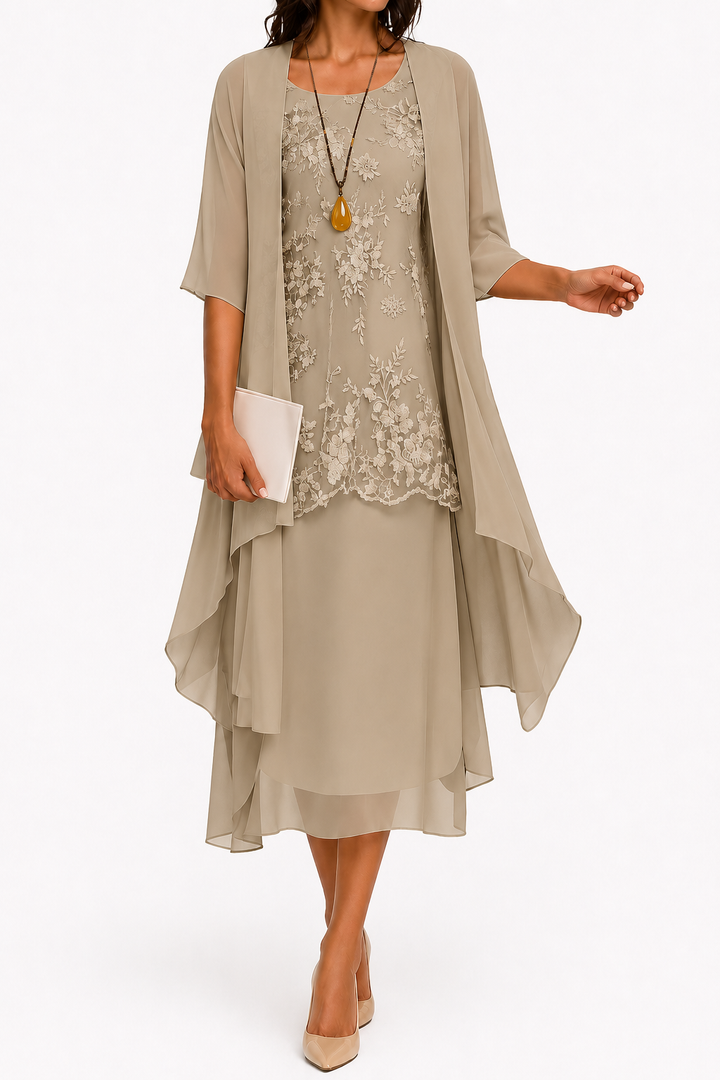 Zahara | Damenkleid mit Rundhalsausschnitt und 3/4-Ärmeln für Hochzeitsgäste | Blumenmuster & Midi