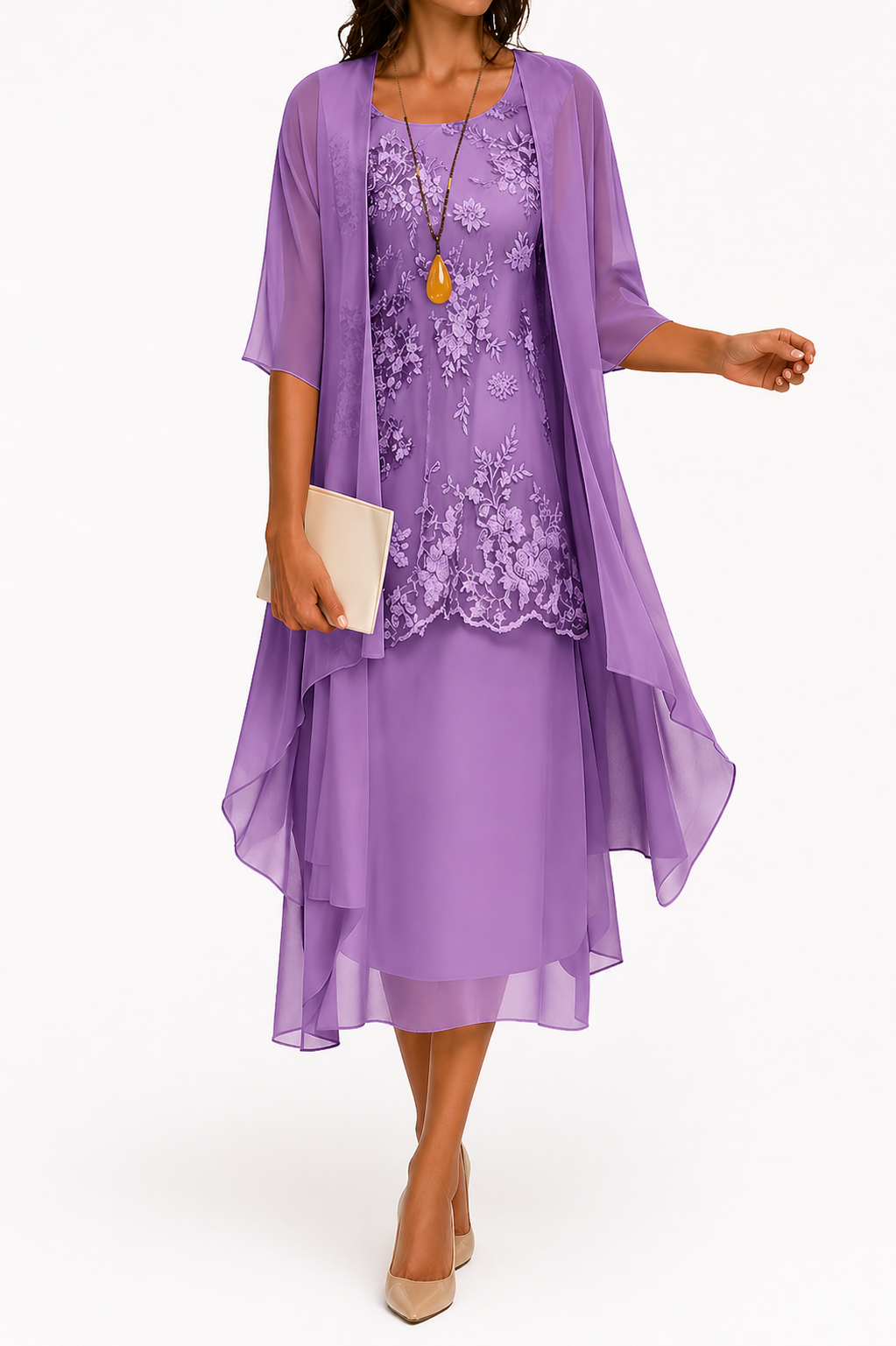 Zahara | Damenkleid mit Rundhalsausschnitt und 3/4-Ärmeln für Hochzeitsgäste | Blumenmuster & Midi