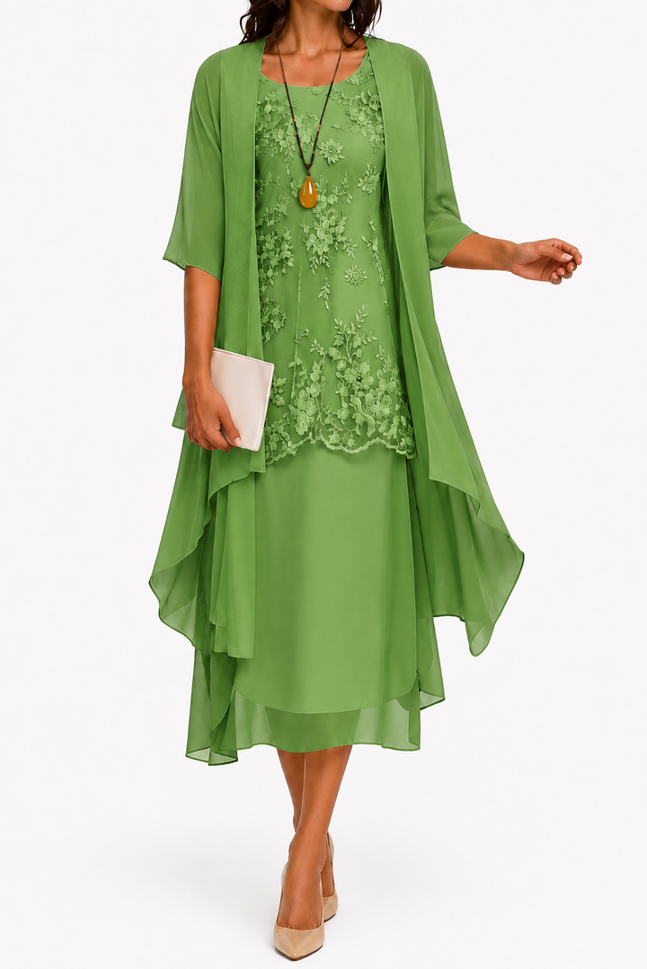 Zahara | Damenkleid mit Rundhalsausschnitt und 3/4-Ärmeln für Hochzeitsgäste | Blumenmuster & Midi