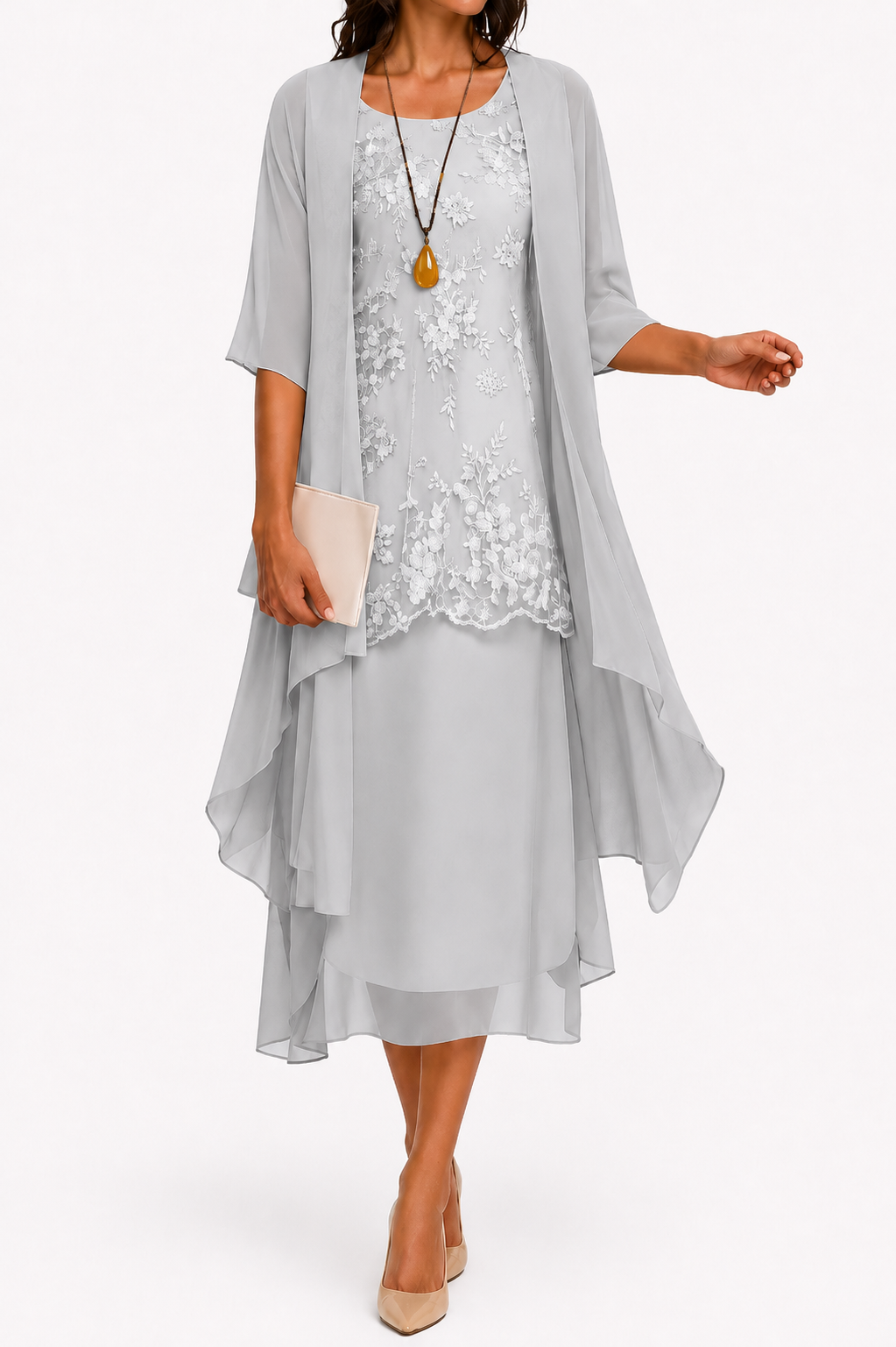 Zahara | Damenkleid mit Rundhalsausschnitt und 3/4-Ärmeln für Hochzeitsgäste | Blumenmuster & Midi