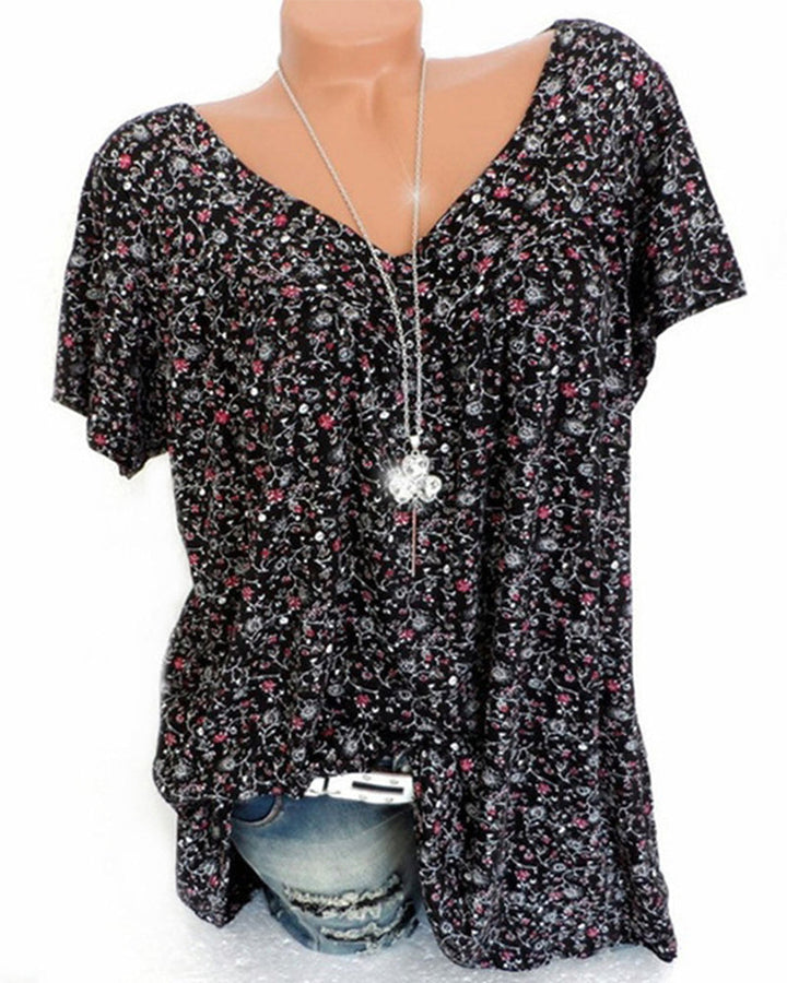 Mechi | Damen Bluse – Floraler Print, Eleganter V-Ausschnitt & Kurze Ärmel