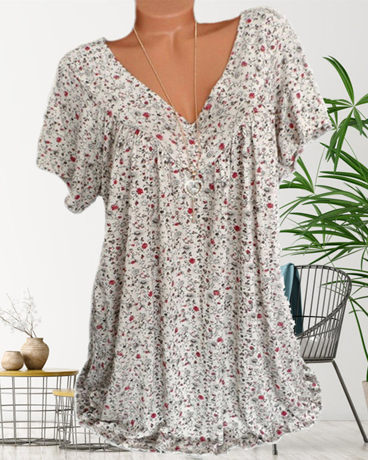 Mechi | Damen Bluse – Floraler Print, Eleganter V-Ausschnitt & Kurze Ärmel