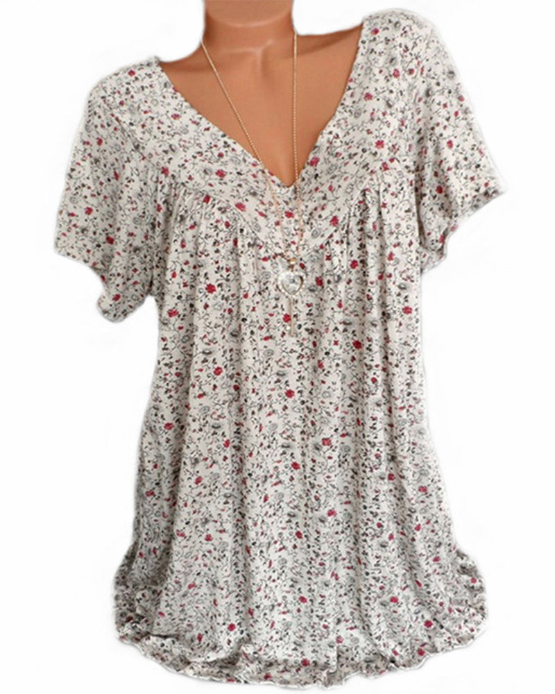 Mechi | Damen Bluse – Floraler Print, Eleganter V-Ausschnitt & Kurze Ärmel