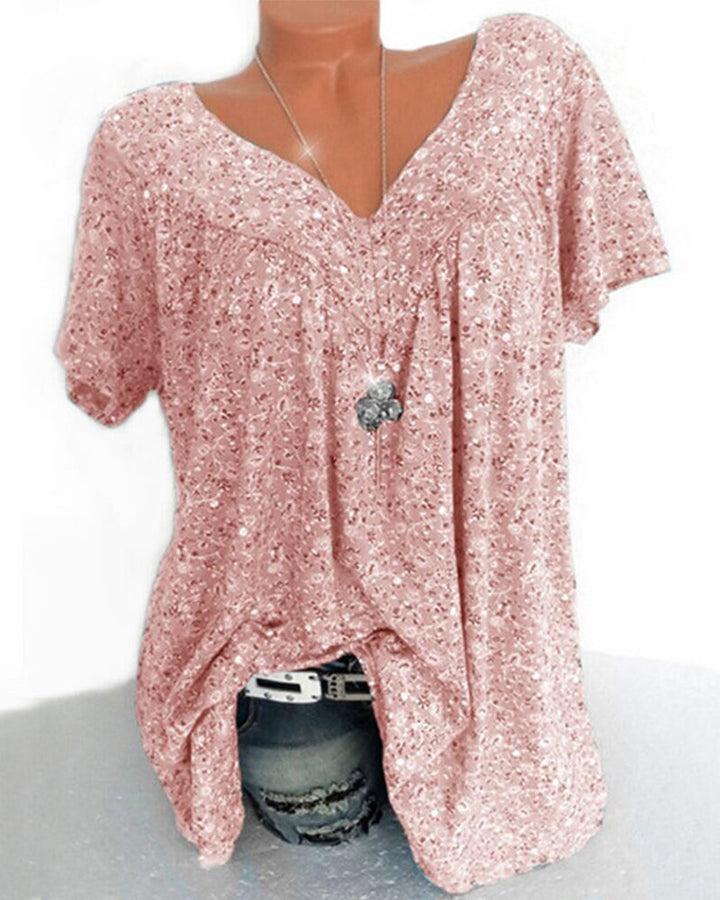 Mechi | Damen Bluse – Floraler Print, Eleganter V-Ausschnitt & Kurze Ärmel