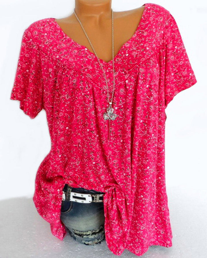 Mechi | Damen Bluse – Floraler Print, Eleganter V-Ausschnitt & Kurze Ärmel