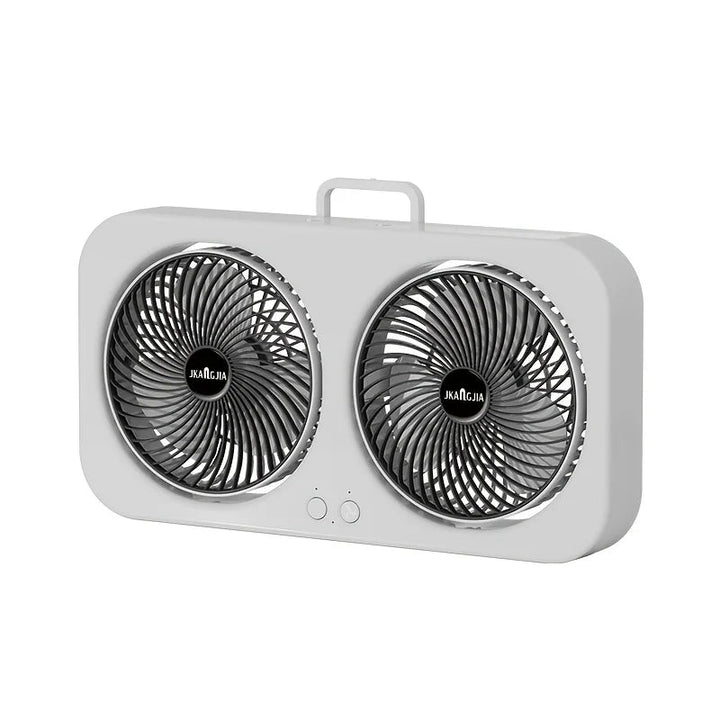 Doppelkopf-USB-Ventilator – 360°-Drehung dank zweier Motoren, starker und leiser Luftstrom, wiederaufladbar über USB-C für Zuhause und draußen