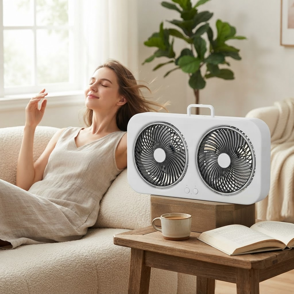 Doppelkopf-USB-Ventilator – 360°-Drehung dank zweier Motoren, starker und leiser Luftstrom, wiederaufladbar über USB-C für Zuhause und draußen