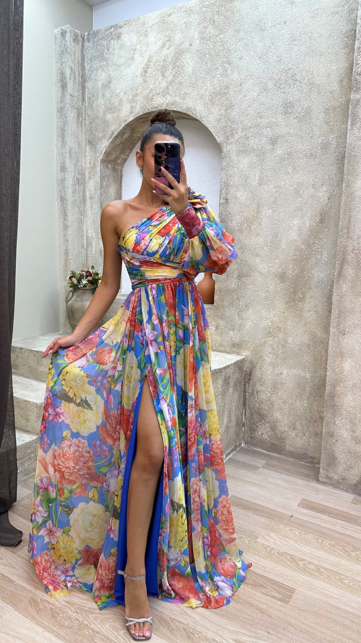 Sephira | Damen Maxi Cocktailkleid – Asymmetrischer Schnitt & Mehrfarbiges Design
