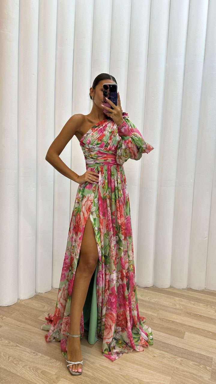 Sephira | Damen Maxi Cocktailkleid – Asymmetrischer Schnitt & Mehrfarbiges Design
