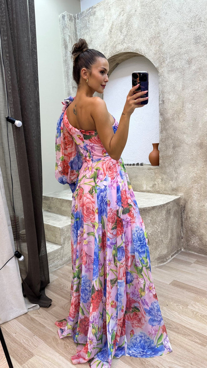 Sephira | Damen Maxi Cocktailkleid – Asymmetrischer Schnitt & Mehrfarbiges Design