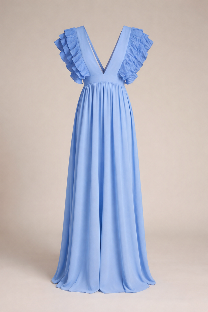Zahara | Hochzeitsgastkleid für Damen - Maxikleid mit V-Ausschnitt und Rüschen